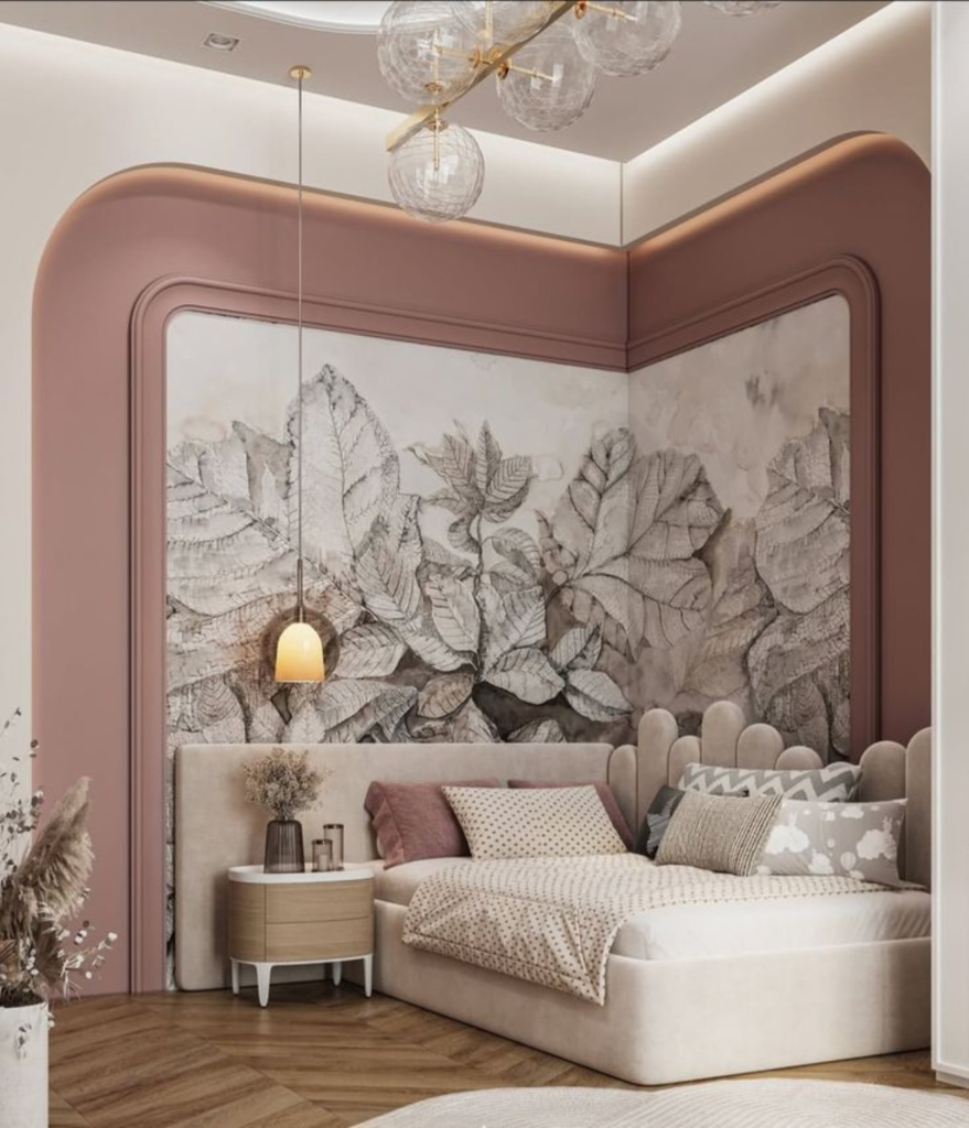 cozy kids bedroom with botanical wall mural and soft pink decor
