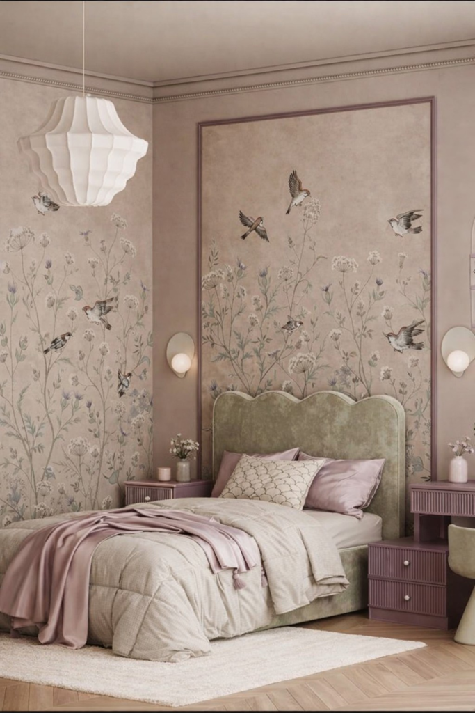 cozy kids bedroom with bird wallpaper and soft pastel bedding