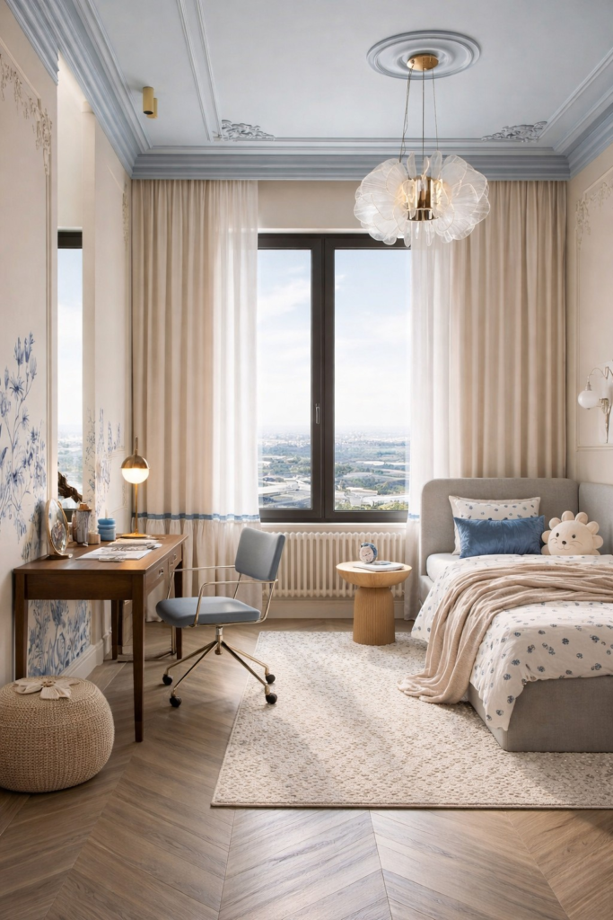 bright kids bedroom with desk area and elegant chandelier