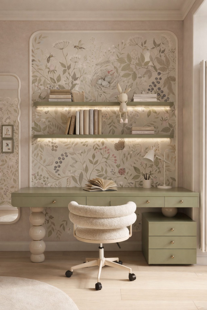 kids study corner with desk shelves and cozy workspace