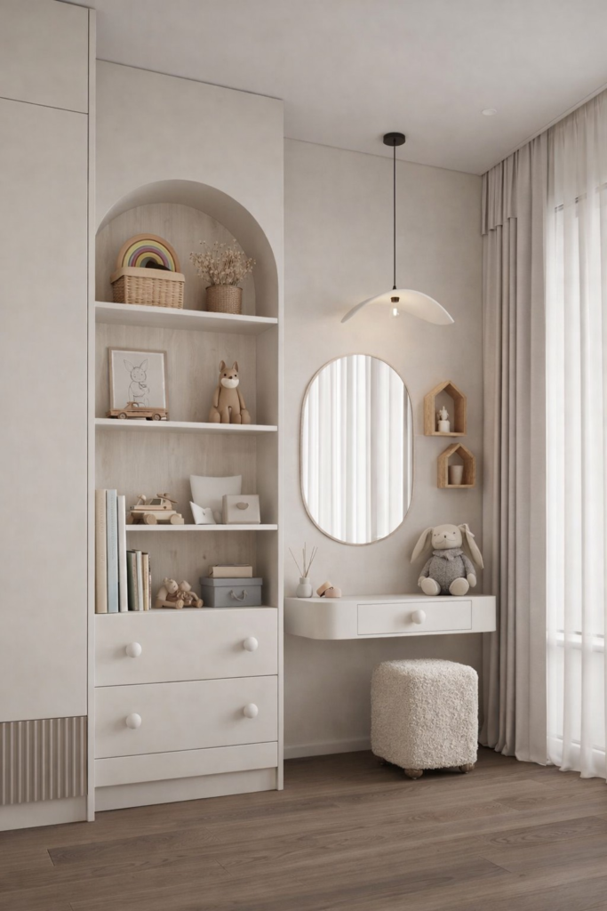 minimalist kids bedroom with built in shelves and vanity area