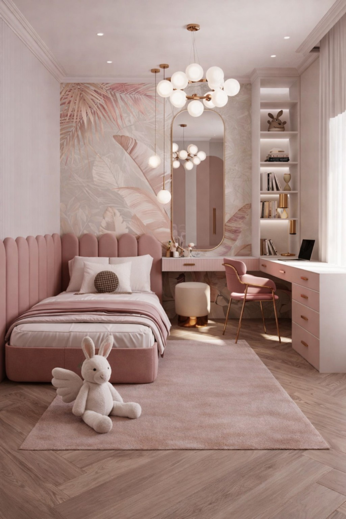 pink kids bedroom with study desk and modern kids room decor