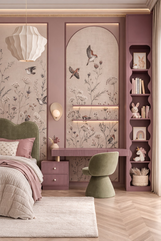 stylish kids bedroom with built in shelves and study desk