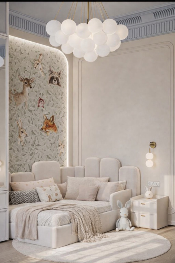 neutral kids bedroom with animal wall decor and cozy bed
