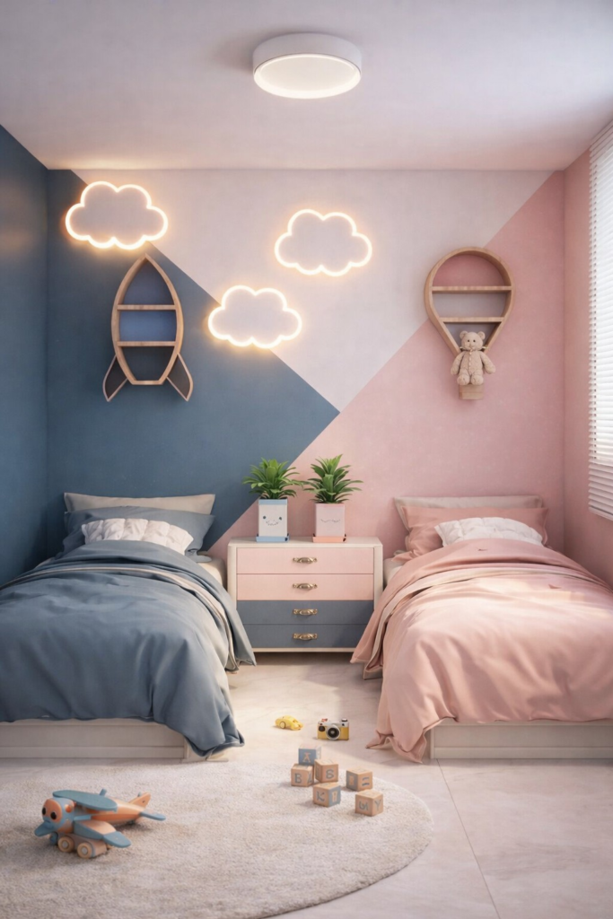 colorful shared kids bedroom with two beds and cloud lights