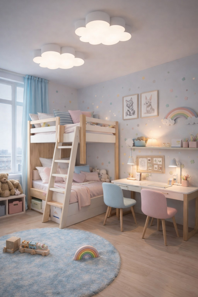 kids bedroom with bunk bed and pastel playroom decor