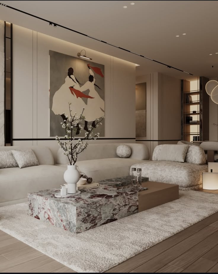 Luxury minimalist living room with neutral tones, marble coffee table and modern decor