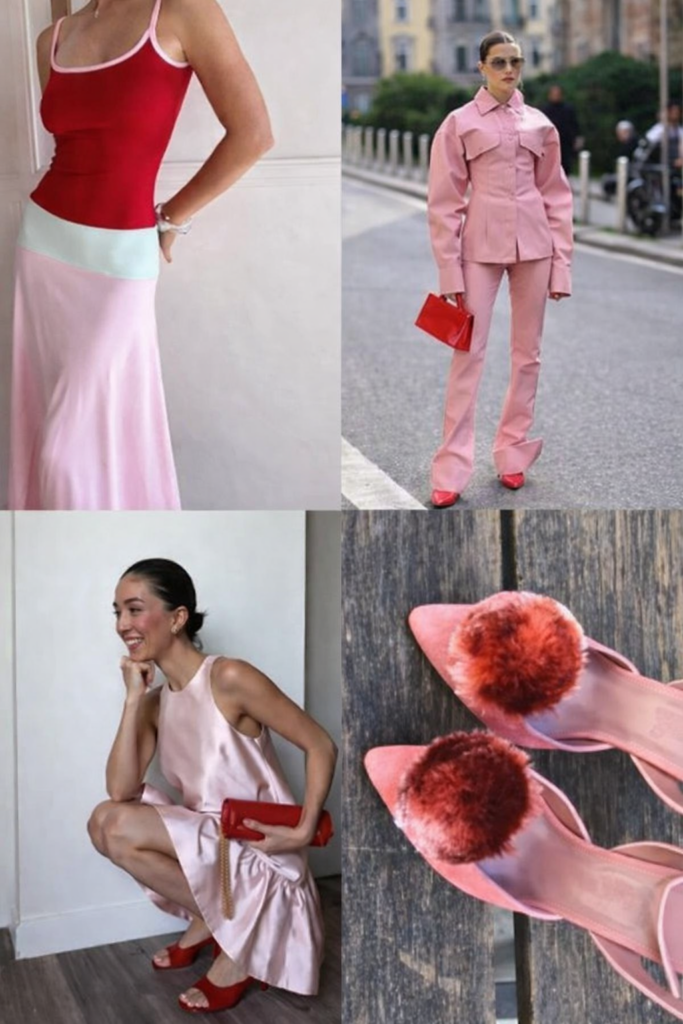 pink and red outfit combination women trendy bold fashion style