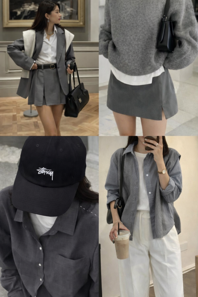 grey and white outfit combination women minimal classic chic look