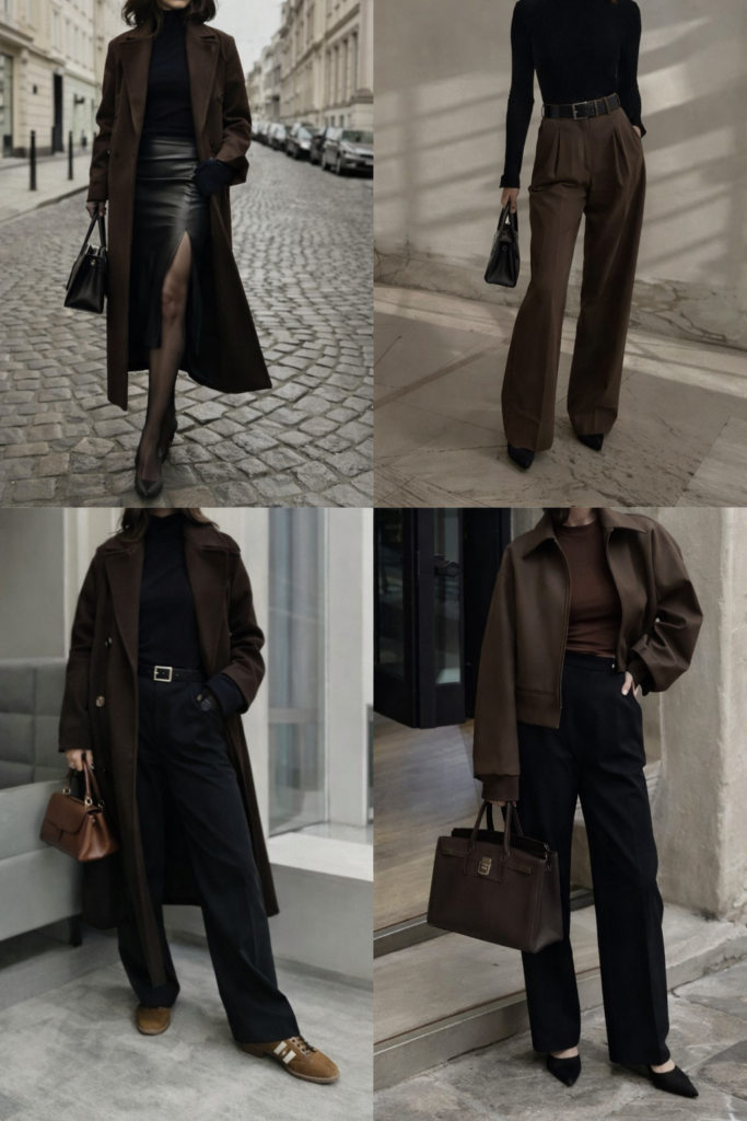 brown and black outfit combination women elegant modern outfit
