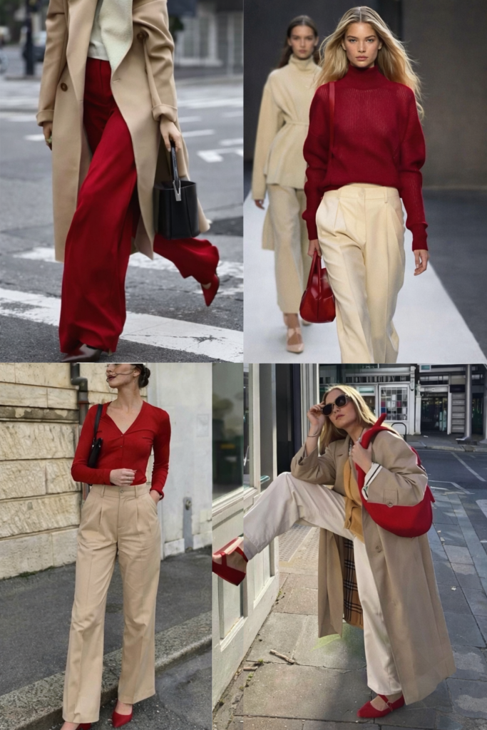 beige and red outfit combination women classy stylish outfit ideas