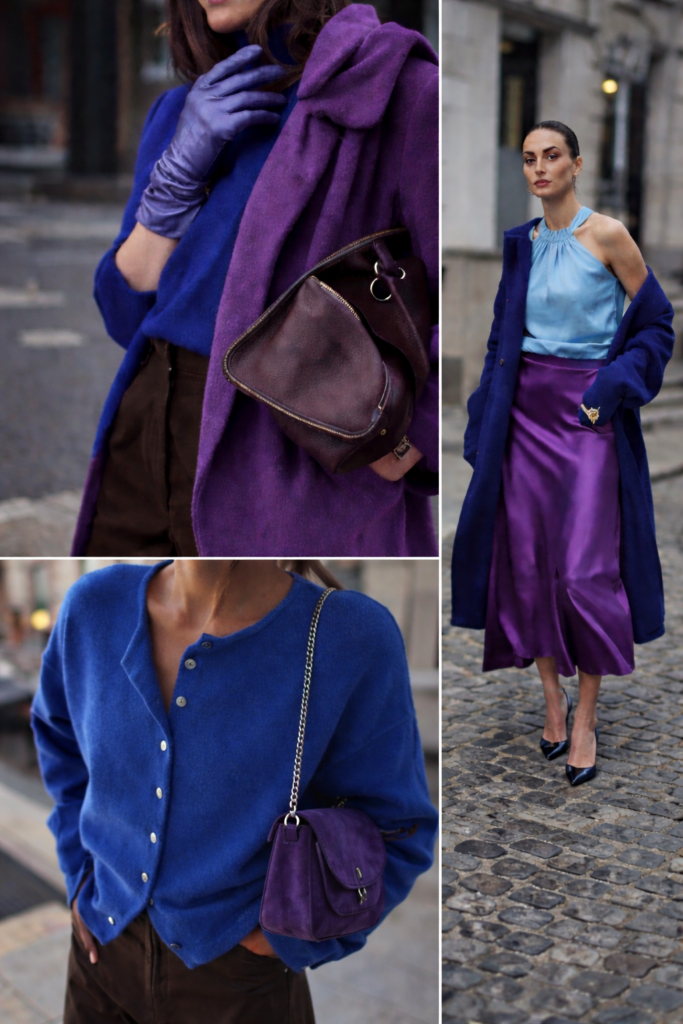 blue and purple outfit combination women bold stylish street fashion