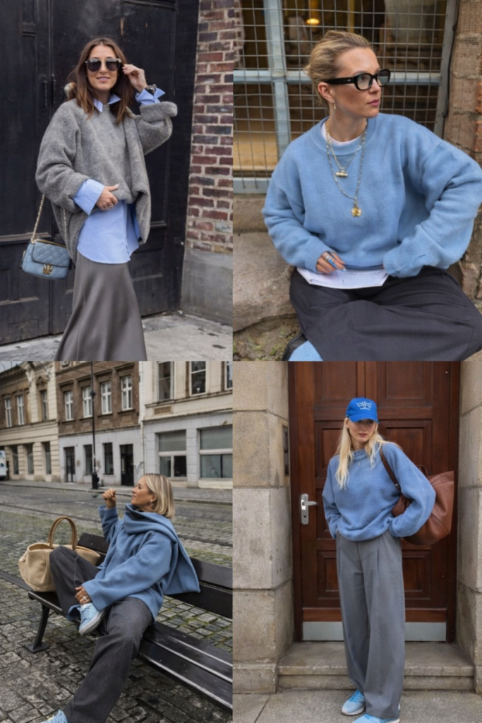 light blue and grey outfit combination women minimal elegant style