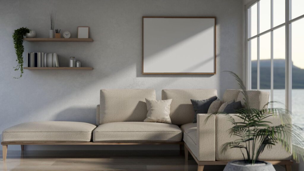 Minimalist living room with beige sofa, wall art, natural light and modern decor